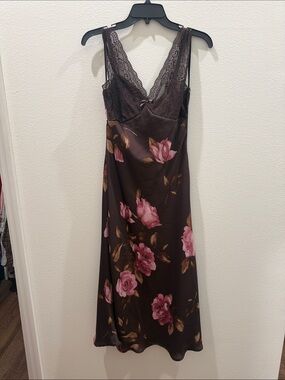 Trixxi Brown Satin Dress with Pink Rose Print & Lace Trim